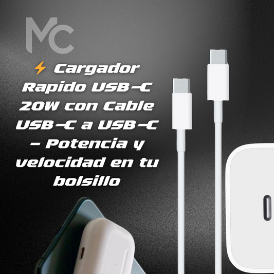 ⚡ Cargador Rápido USB-C 20W con Cable USB-C a USB-C
