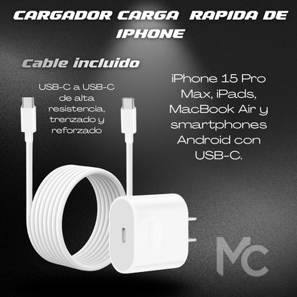 ⚡ Cargador Rápido USB-C 20W con Cable USB-C a USB-C